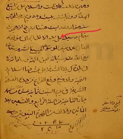 الخط الشريف للبهائي الثاني السيد محمد حسين الشهرستاني ت١٣١٥هـ في آخر كتابه (تنبيه الأنام) باللغة الفارسيّة وهو ردّه على كتاب إرشاد العوام للكرماني يقول فيه: (.. على يد الأقل الجاني مؤلّفه الفاني محمد حسين الموسوي الحسيني الشهرستاني عفى الله عن سيّئاته بحقّ أئمته وساداته في بلدة كربلاء المشرّفة على مشرّفها السلام والتحيّة، وقد وقع الفراغ من هذه النسخة الشريفة في يوم السبت لثمانية عشر مضين من شهر جمادى الثانية من السنة الرابعة والتسعين بعد المائتين والألف من الهجرة النبويّة). كما أنّه ورد في الحاشية وردت العبارة التالية: (بلغ قبالا بنظر المؤلّف عفي عنه). علما بأنّ الآغا بزرك رأى نسخة أخرى سابقة على هذه النسخة أتمّها السيد المؤلّف يوم ١٣ صفر سنة ١٢٩٣هج.